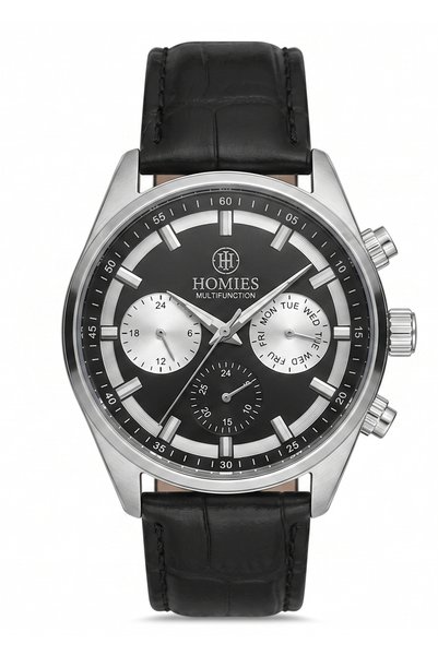Homies Men's Black Leather Cord Black Dial Function Wristwatch 2 Years Warranty
