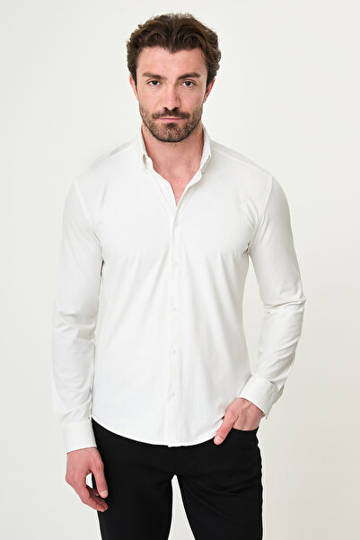 Mcr Striped Slim Fit Stand Collar Long Sleeve Men's Shirt White - 27152.26Y