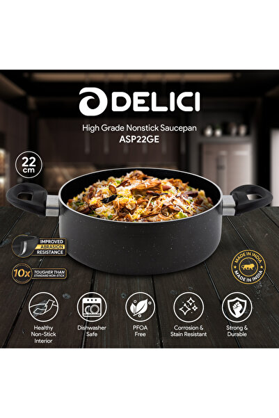 DELICI ASP22GE 22CM Granite Non-Stick Sauce Pan Glass Lid PFOA-Free Aluminium...