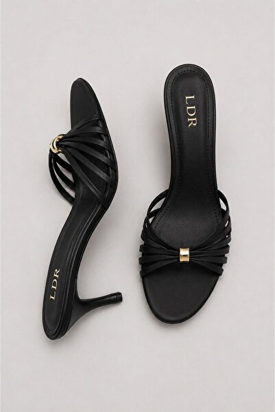 LDR Women's Black Satin Gold Buckle Short Heeled Slippers