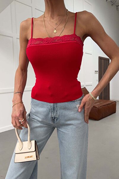 mylove Lace Detailed Knitwear Undershirt with Rope Straps Red