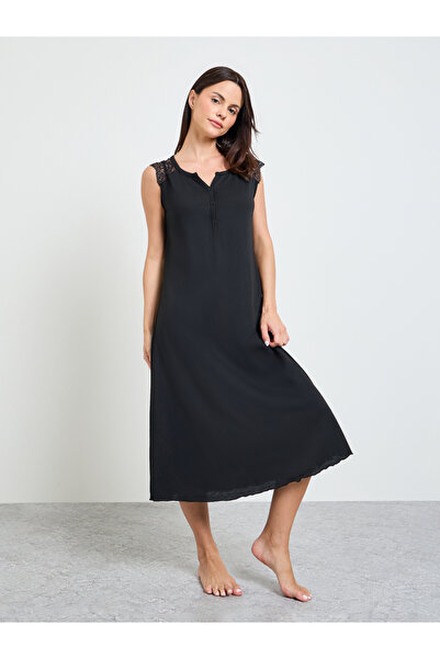 Styli Black Shoulder Lace Trim Placket Detail Nightdress