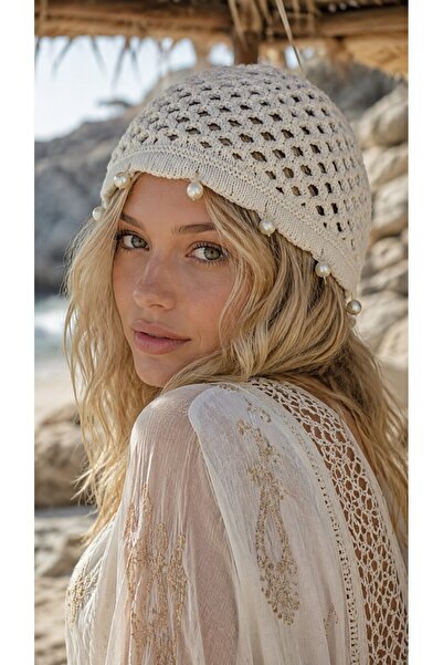 FELLMENS White Hand-Knitted Pearl Bead Detailed Mesh Hat Beanie