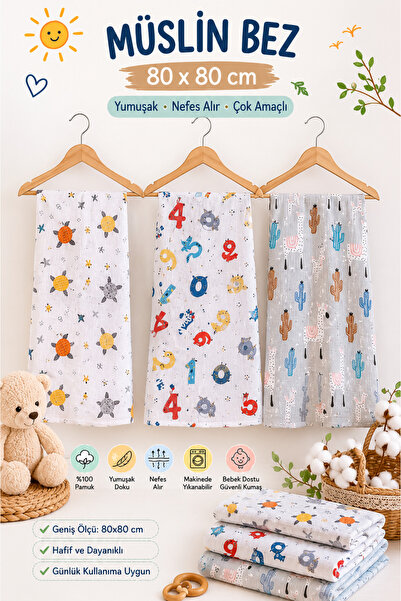 krntekstil KRN TEKSTİL Çok Amaçlı Müslin Örtü & Battaniye 3'lü Set %100 Pamuk...