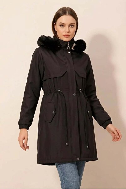 Generic Brand Women's Hooded Black Faux Fur Coat with Drawstring Waist