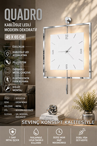 SEVİNÇ KONSEPT Led'li KROM Rengi Quadro Kare Kristal 45 x 65 cm, Modern Dekor...