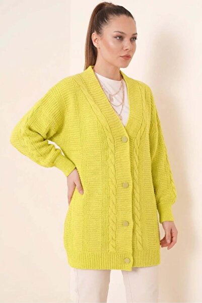 ALFA AKSESUAR 03 Women's V-Neck Hair Braid Pattern Buttoned Knitwear Yellow H...