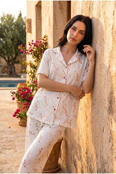 sleeproom Summer Buttoned Short Sleeve White Floral Patterned Pajama Set