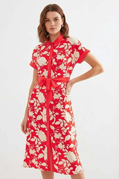 Generic Brand Women's Shirt Collar Belted Floral Patterned Viscose Red Dress
