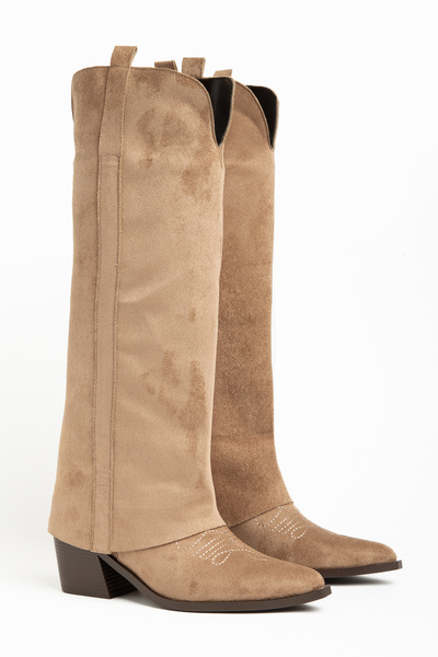 DENORA Mink Camel Matte Suede Trousers Flat Western Cowboy Boots