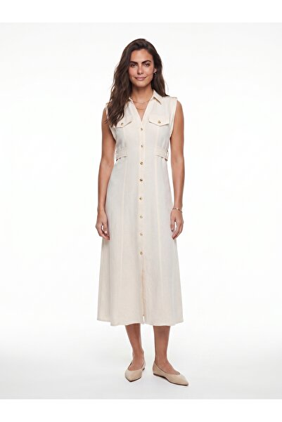 ONLOOX Beige Cotton Viscose Blend Waist Detailed Linen Look Dress with Gold B...