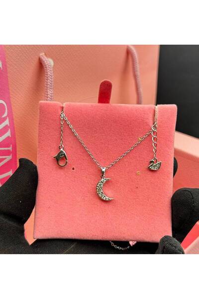 Generic Silver Moon and Swan Diamond Necklace