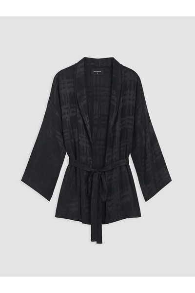 LC Waikiki Black Shawl Collar Patterned Belted Women's Kimono