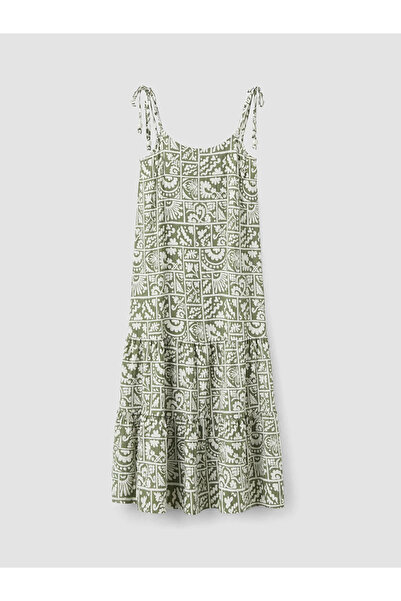 LC Waikiki Green Square Neck Pleated Dress with Rope Straps