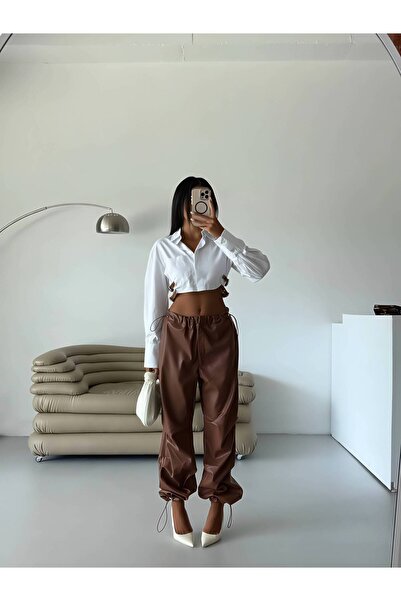 1way Brown Leather Pants with Elastic Waistband