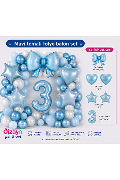 Dizayn Parti Evi Mavi Temalı Doğum Günü Folyo Balon Seti 1-2-3-4-5-6 Yaş Fiyo...
