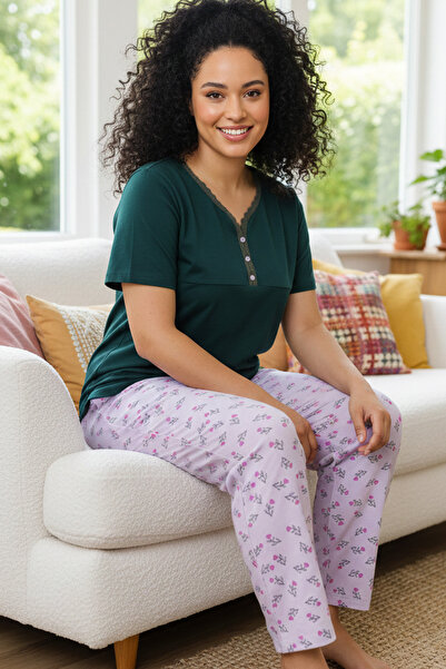 Siyah İnci desenli Pamuklu Büyük Beden Battal Boy Örme Pijama Takım