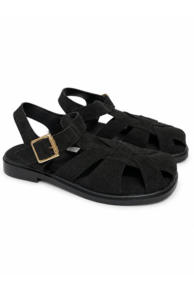 RoseVeno Women's Black Suede Cage Comfortable Sole Daily Sandals