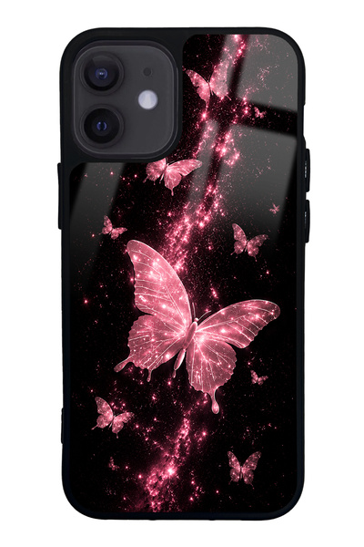 Spoyi iPhone 12 Mini Pink Galaxy Butterfly Design Glossy Phone Case