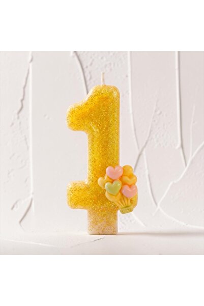 Miki & Miki Sarı Simli Pasta Mumu Doğum günü mum 1 yaş Balon Konsept