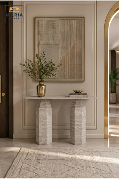 MARIA HOMES طاولة كونسول حديثة من الترافرتين - طاولة زينة فاخرة بمظهر حجري لل...