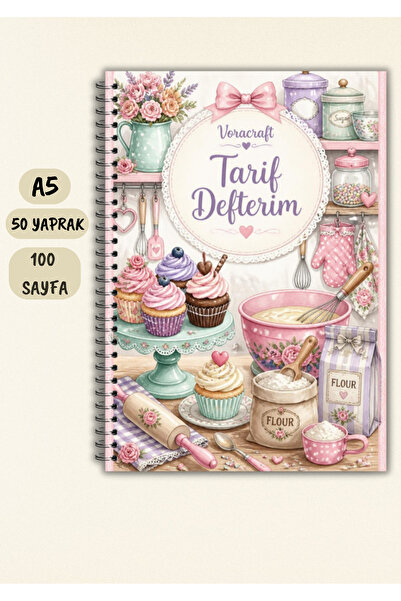 VORACRAFT Yemek Tarif Defteri, 50 Yaprak /100 Sayfa, A5 / Tel Spiral TRF0011