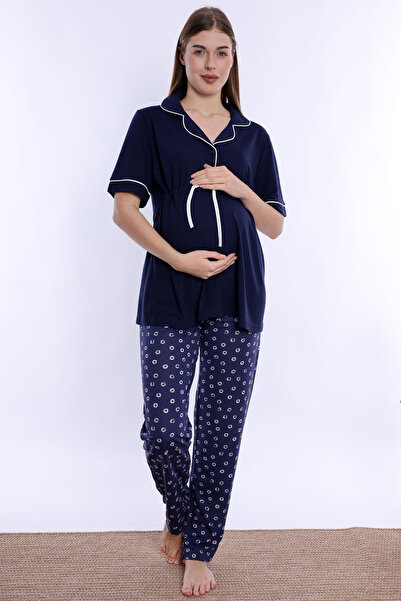 ByLohusa Short Sleeve Soft Textured Cotton Maternity Set Effortt - Navy Blue