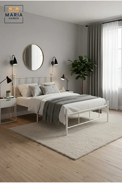 MARIA HOMES Modern White Metal Bed Frame 140×200 cm – Platform Bed with Geome...