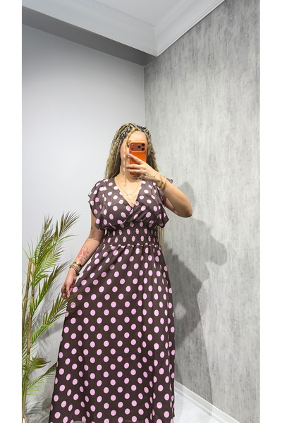 BELİS WEAR Women's Polka Dot Gipel Waist Double Breasted Collar Midi Length D...