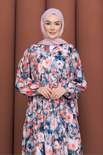 PAVENTİ Modal Dress with Branches in Navy Blue
