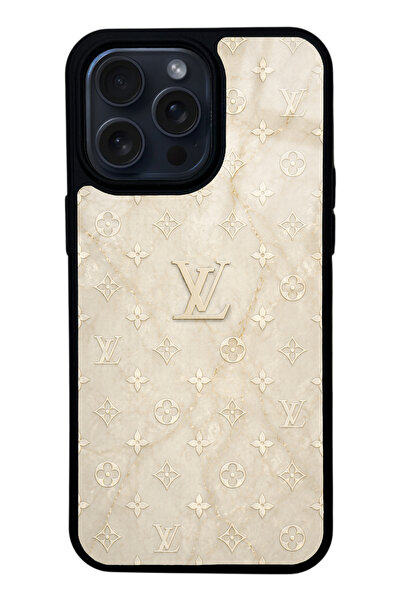 Spoyi iPhone 14 Pro Max Krem Gold LV Tasarımlı Glossy Telefon Kılıfı