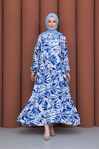 PAVENTİ Modal Dress Big Leaf Blue