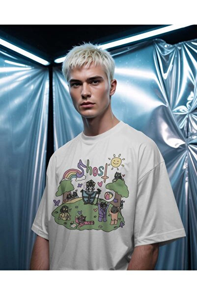 buzagi tasarım ürünleri Ghost Unisex Oversize White T-Shirt