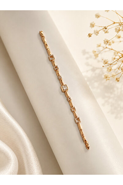 Archhazel Jewelery Square Stone Detailed Rose Steel Bracelet