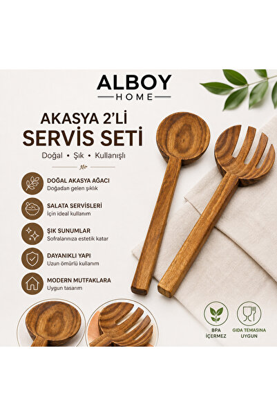ALBOY HOME Akasya Ahşap 2'li Servis Kaşığı Seti Salata Servis Seti