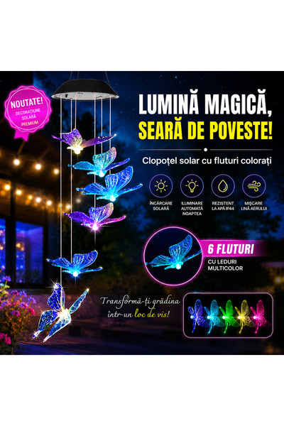 OricareFain Lampa solara, Clopotei de vant, 6 fluturi, Incarcare cu solar, Im...