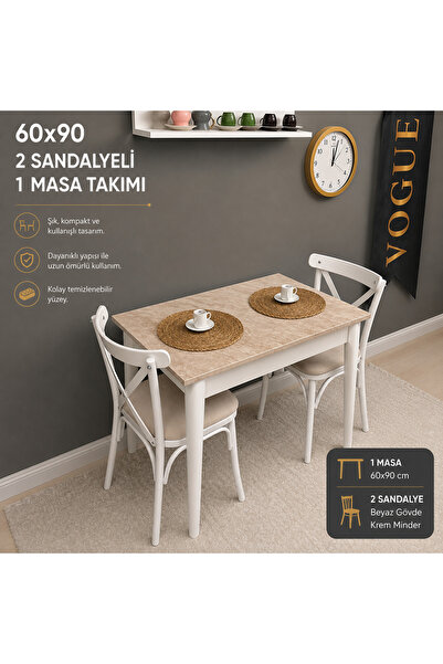 VOGUE TASARIM VE AKSESUAR 60x90 Mutfak Masası 2 Sandalyeli Takım | Küçük Yeme...