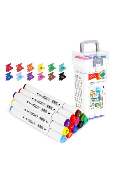 Deli SET DE 12 MARKERE PENTRU SCHIȚAT, CU VÂRF DUBLU, UNUNGUATE 1MM / TĂIAȚĂ ...