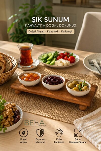 BehaHome Ahşap Ayaklı Sunumluk Tepsi 24x14 cm – Kahvaltılık, Çerezlik ve Serv...