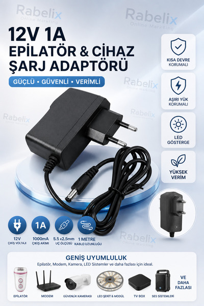 Rabelix Online Marketing 12V 1A Adaptör 1000mA Güç Kaynağı 5.5x2.5mm Uçlu 1 M...