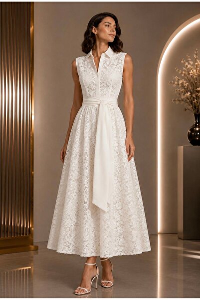 UNTIMELY Full Lace Covered 3/4 Length White Stylish Shirt Dress
