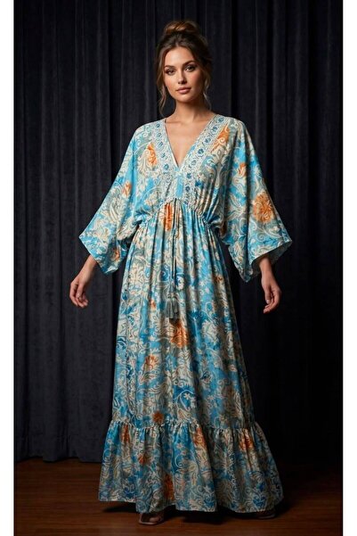 moda gk Ethnic Patterned Shiny Patterned Bohemian Silk Dress