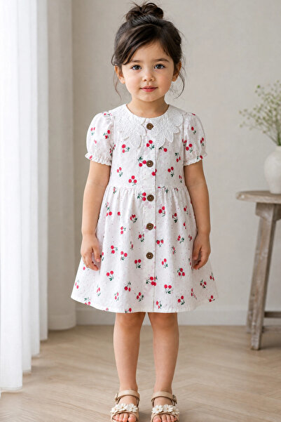 NOTA KİDS Girl's White Cherry Patterned Doll Collar Cotton Summer Dress
