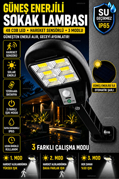 nelerbulurum Güneş Enerjili Su Geçirmez 3 Modlu Hareket Sensörlü 48 COB LED B...
