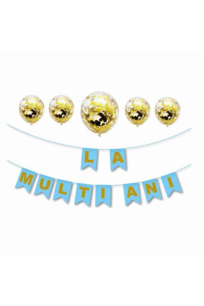 MP Mirific Party Set de 5 baloane cu confetti auriu, banner albastru „La Mulț...