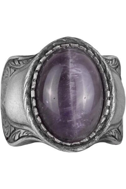 925 Ayar Gümüş Doğal Taş Yüzük, El Yapımı Amethyst Desenli
