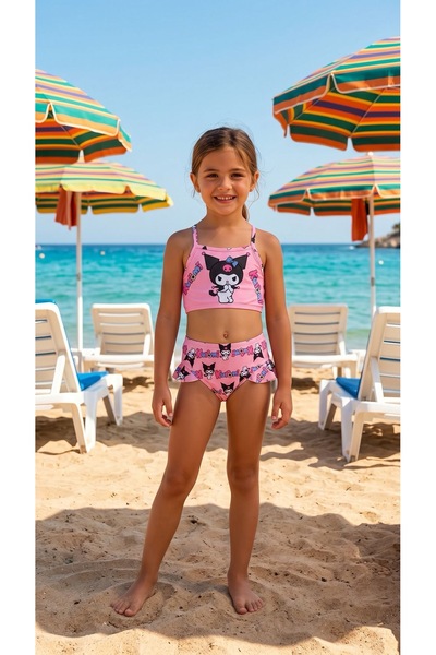 Lizsa Girl's Three-Piece Printed Pink Color Ruffled Bikini Set with Bag