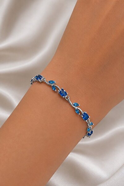 Clariss Brass Silver Color Blue Zircon Stone Flower Model Women's Bracelet