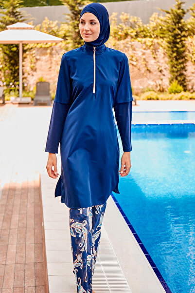 Marina Swimwear Navy Blue Leaf Patterned Full Covered Hijab Swimsuit - 4-Piec...