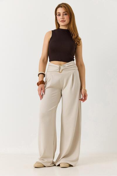 Raneel Kazançlı Alışveriş Women's Gold Buckle Casual Modal Trousers Beige